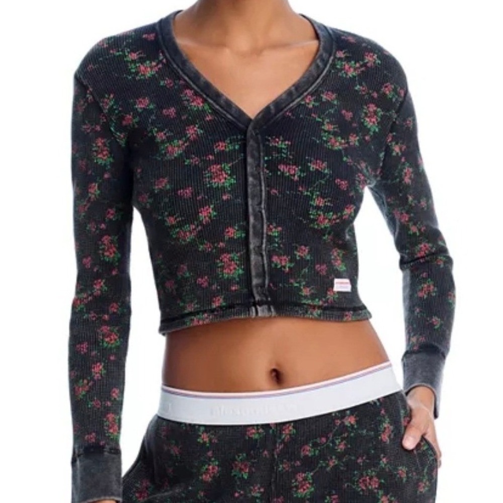 Alexander Wang Bodywear Washed Black Floral Waffle Knit Snap Front Crop Cardigan